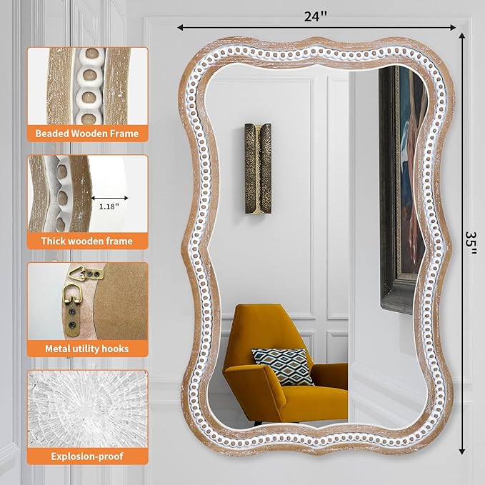 35x24 Inch Wooden Mirror for Wall, Farmhouse Rustic Wavy Frame Mirror Decorative for Bathroom Over Sink, Entryway, Living Room, Bedroom (Vertical/Horizontal)