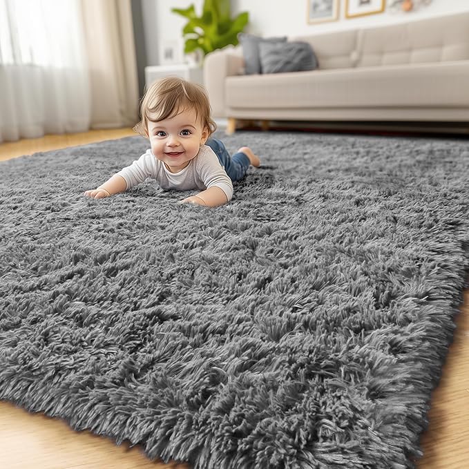 Amdrebio Grey Modern Fluffy Living Room Rugs,5x8 Rug,Furry Area Rug for Bedroom,Shaggy Indoor Rug for Kids Room,Plush Fuzzy Rug for Living Room Decor,Soft Farmhouse Carpet for Home Office Playroom