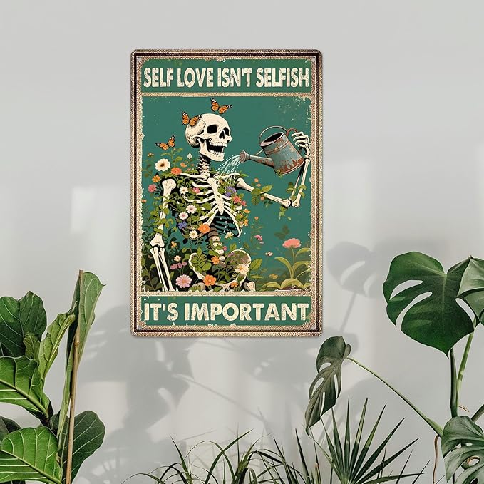 Vintage Skull Decor Metal Signs Mental Health Wall Art Retro Skeleton Posters - Self Love Isn't Selfish It's Important Sign, Decorations for Home, Garden, Bedroom, Living Room Decor Gifts 8x12 Inch