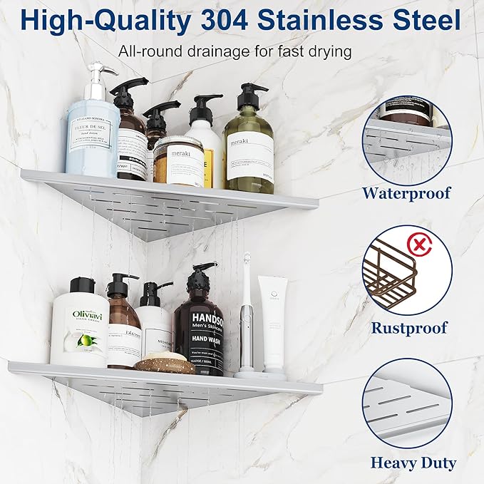 Qeke Corner Shower Shelves, 12” Recessed Tile Shower Shelf, 304 Stainless Steel Grout in Corner Tile Shower Shelves, No Drilling, Brushed Nickel, 2 Pack