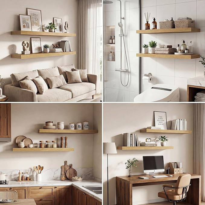 Dreamland 30 Inches Floating Shelves for Wall, 9.3" Deep Long Floating Shelves Set of 2, Large Display & Storage Shelf, Wall Shelf for Bathroom Bedroom Living Room Kitchen Office, Oak