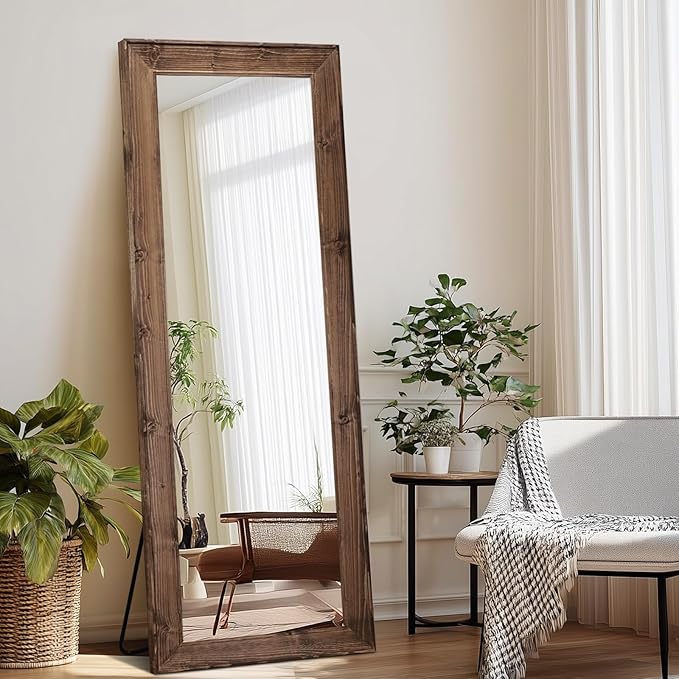 Full Length Mirror 65"x24" - Beveled Edge Rustic Brown Dressing Mirror, Solid Wood Frame, Wall Mounted or Standing for Bedroom, Entryway, Living Room