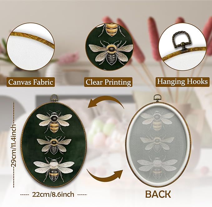 Mcehtle Vintage Bee Sage Green Wall Art Decor, Moody Honey Bee Cottagecore Oval Framed Canvas Prints 8.6x11.4, Dark Academia Insect Wall Hanging Artwork Decoration for Gallery Home Bedroom Living Room