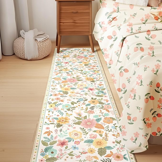 RELEANY Floral Nursery 2x8 Area Rugs Washable Print Boho Cute Carpet Non Slip Flower Low Pile for Living Room Kids Girls Playroom Bedroom Kitchen Office Farmhouse-Beige/White/Orange