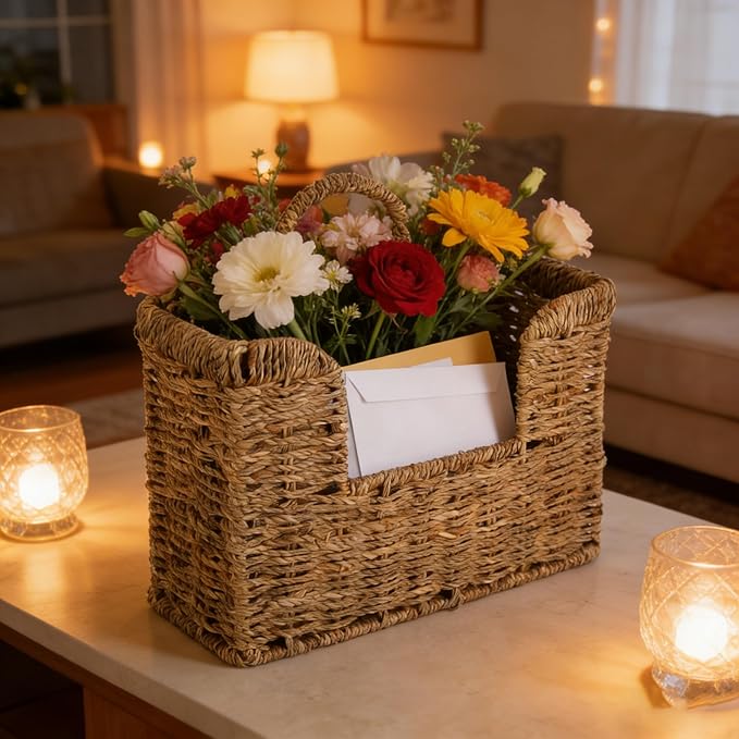 Woven Hanging Basket for Wall, Magazine and Mail Organizer Holder with Sturdy Frame,Seagrass Magazines Baskets Also Stands on Tabletop, Wall Mount Storage Rack for Home Office