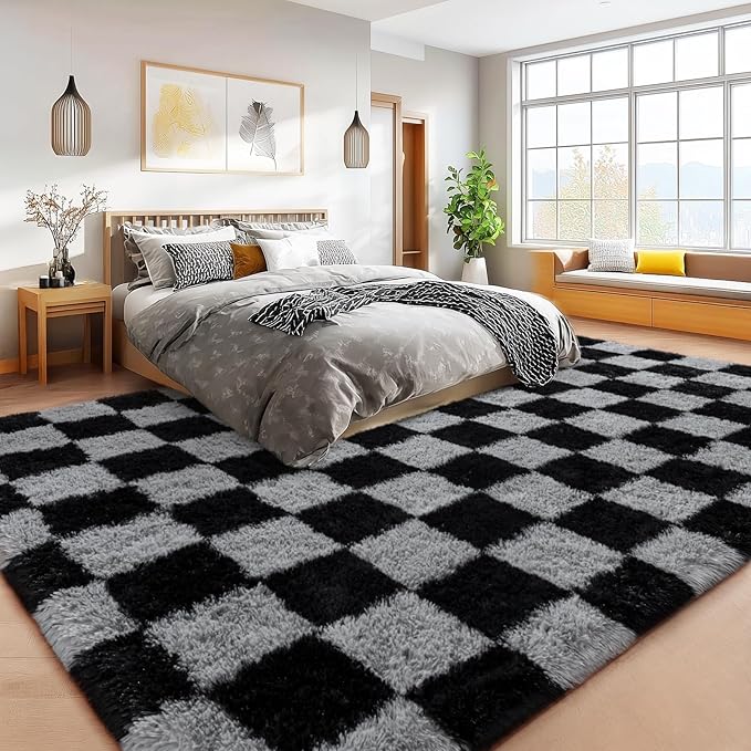 Checkered 8x10 Area Rugs for Living Room, Ultra Soft Fluffy Large Shaggy Rug Carpet for Bedroom, Non-Slip Fuzzy Plush Rugs for Nursery Boys Girls Kids Room Modern Indoor Home Decor, Dark Grey
