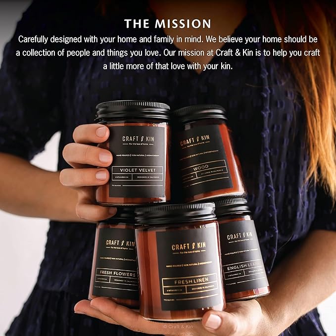 Craft & Kin Scented Candles for Men | Premium Wood Candle | All-Natural Scent for Home | Long Lasting Holiday Candles with 45 Hour Burn Time, 8oz