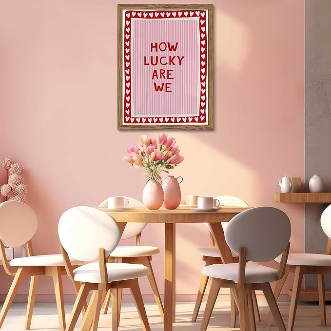 Framed How Lucky Are We Wall Art, Vintage Pink Inspirational Canvas Wall Decor Painting, Trendy Preppy Stripe Romantic Quotes Posters Prints Pictures for Bedroom Dorm Valentine Gift 16x24 Inch