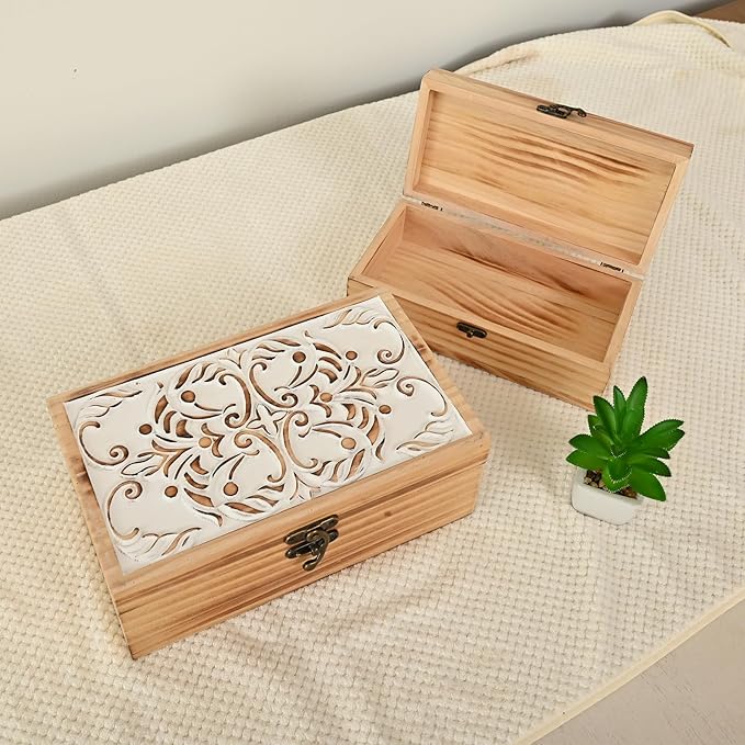 DECOR4SEASON Wooden Storage Box Set of 2 - Hand Carved Floral Decorative Boxes with Hinged Lids - Solid Pine Keepsake Organizer for Jewelry, Photos, and Rustic Farmhouse Home Décor