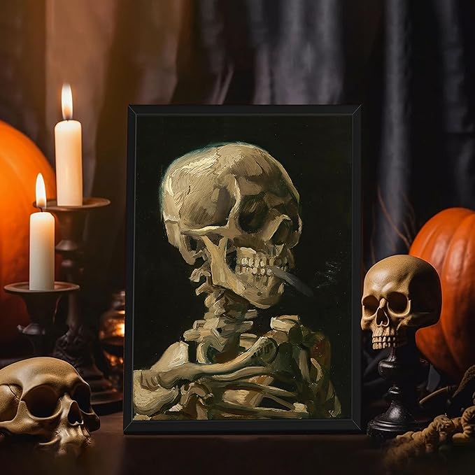 Framed Vincent Van Gogh Skull with Cigarette Canvas Wall Art - Skeleton Paintings Wall Decor, Post-Impressionism Gothic Picture Aesthetic for Halloween Decor Bedroom Living Room Artwork 12x16 inch