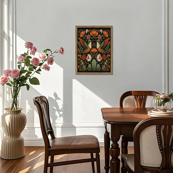 Framed Mexican Hummingbird Wall Art, Vintage Birds Animal Canvas Wall Decor Painting, Colorful Floral Cactus Botanical Poster Print Picture for Living Room Bedroom Bathroom 16x24 Inch
