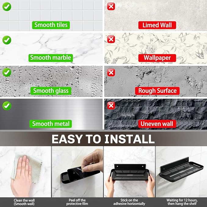 FAYYGYH Adhesive Floating Shelves No Drill Floating Shelf for Wall Storage Damage-Free Wall Mounted Organizer for Bathroom, Kitchen, Bedroom & Office (Black, 4 PCS)