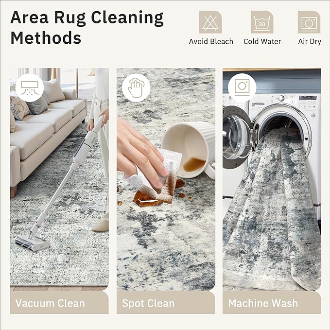 Soalmost Abstract Rug 8x10 Large Living Room Rugs Neutral Modern Washable Area Rugs for Bedroom Dining Room Non-Slip Stain Resistant Foldable Thin Rug Gray Blue