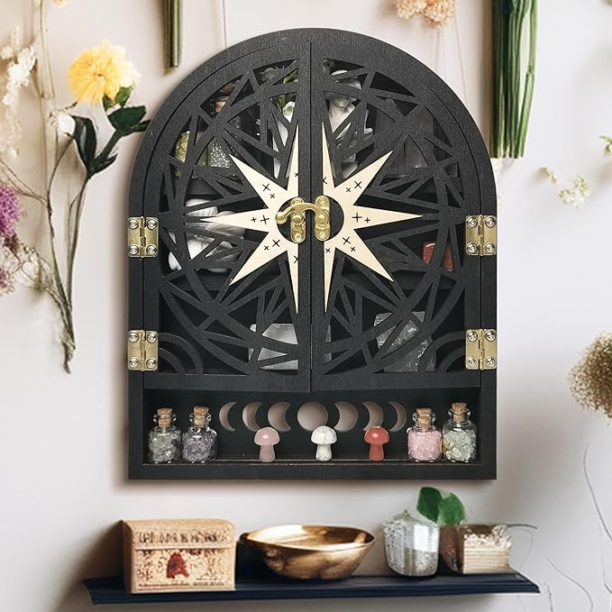 Crystal Display Shelf for Wall, Crescent Moon Phase Wall Shelf Decor, Wooden Storage Organizer for Stones Collection Essential Oil Display, Arch Crystal Holder Shelf for Meditation Room