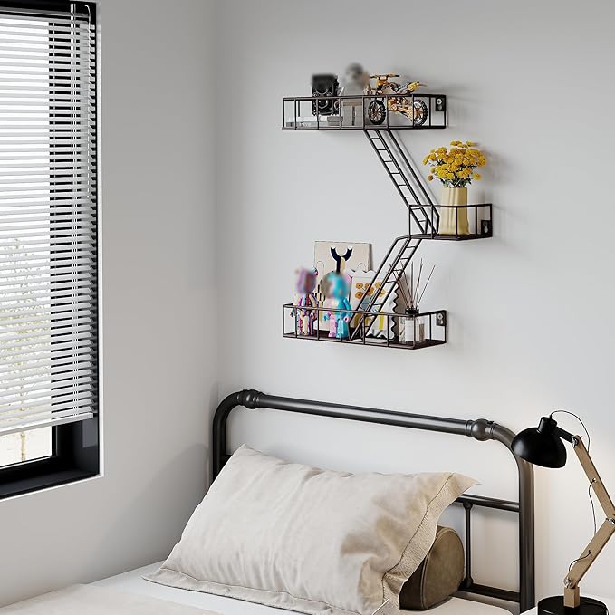 Fire Escape Shelf - 3 Tier Metal Coffe Fire Escape Wall Shelves with Baskets, New York Action Figurine Display Shelf, Unique Rustic Floating Decorative Wall Shelves for Any Room