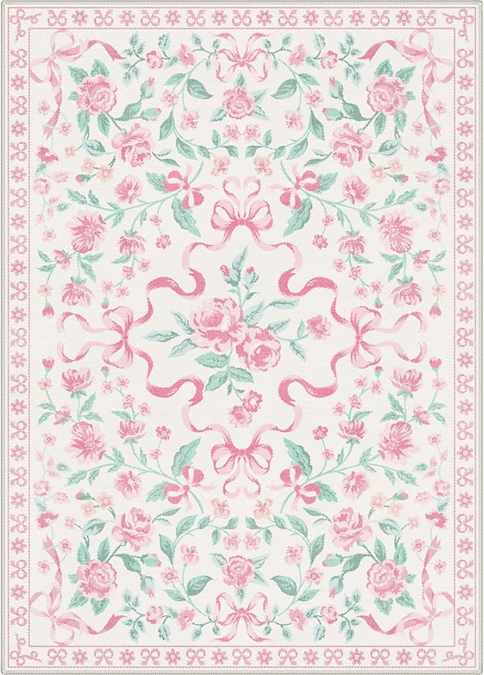GENIMO 4X6 Washable Vintage Area Rugs for Living Room, Non-Slip Low Pile Chenille Print Rug, Soft Rugs for Bedroom Dining Room Home Office, Pastel Pink