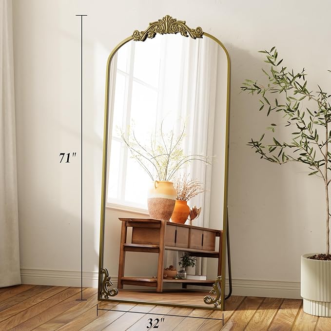 GLSLAND 32"x71" Vintage Full Length Mirror,Large Carved Arched Full Body Mirror with Metal Frame for Bedroom/Living Room/Entryway,Gold