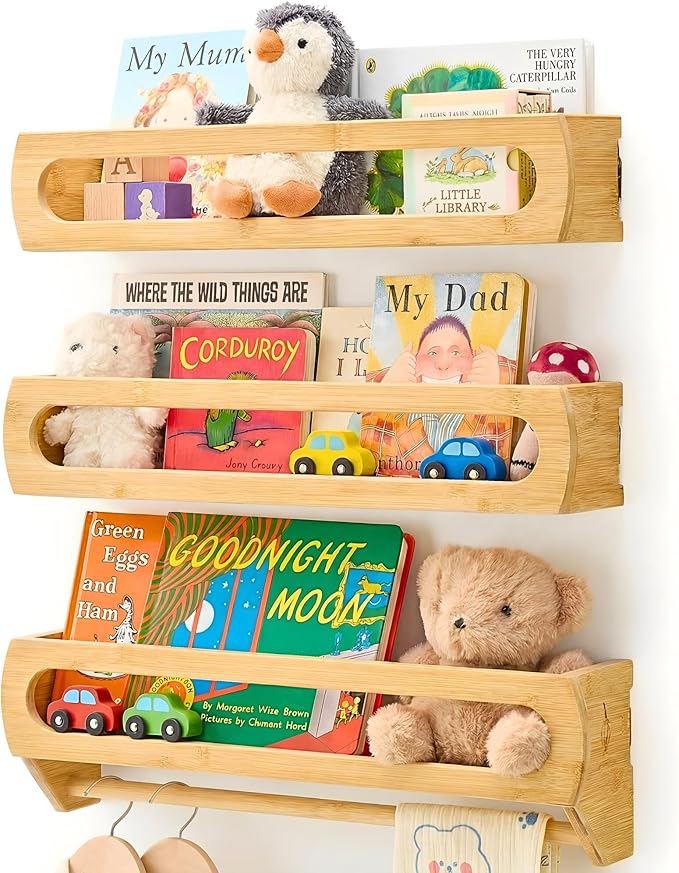Nursery Shelves for Wall, Premium Bamboo Wood, Fully Assembled - Nursery Book Shelves, Book Shelf for Kids Rooms, Multi-Use Floating Shelves for Wall, Set of 3 (Natural, 23 Inches)