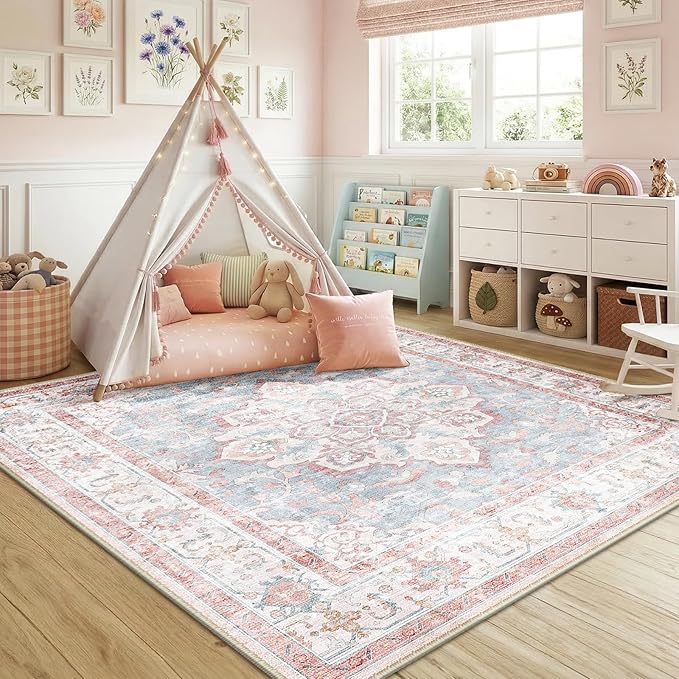 CAPALOCA Machine Washable Rugs Nursery Rug Sq8ft Cute Girl Non Slip Low Pile Water Repellent Soft Print Pattern for Bedroom Indoor Decor Kids Playroom Pink Blue