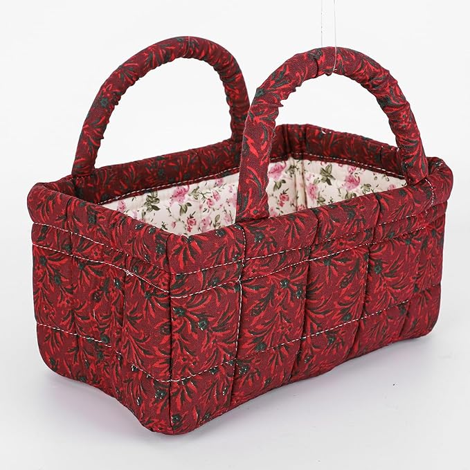 Mini Storage Basket, Small Quilted Boho Fabric Organizer Bin with Handle, Portable Collapsible Basket for Socks, Keys, Diaper