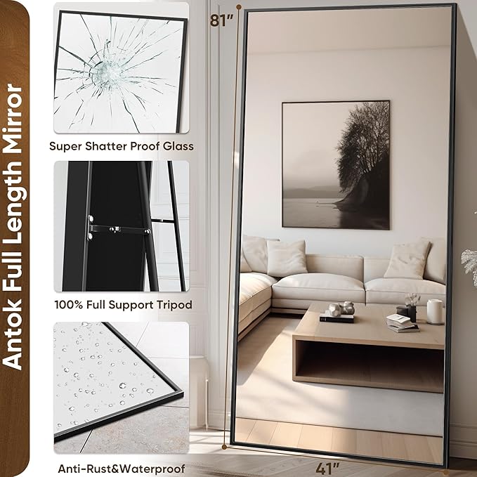 Antok Full Length Mirror, 44"x88" Floor Mirror with Stand, Hanging Mounted Mirrors for Bedroom, Living Room, Cloakroom, Dining Room, Black, Rect