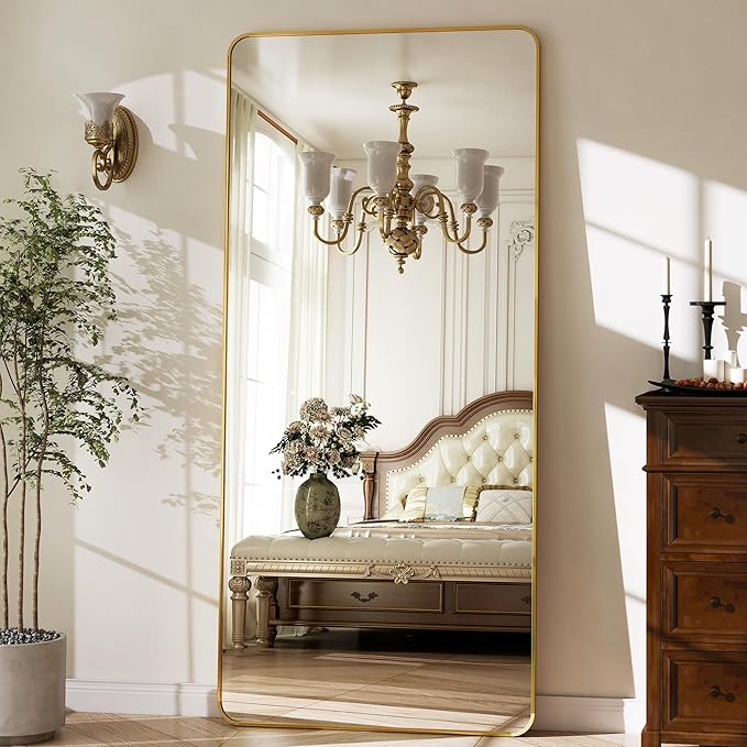 BEAUTYPEAK Gold Full Length Mirror, 76"x34" Rounded Corner Floor Mirror Standing Hanging or Leaning Against Wall, Suitable for Bedroom or Dressing Room