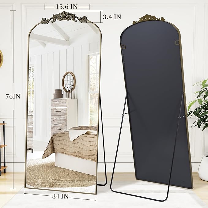 Vintage Full Length Mirror,76"x34" Arched Antique Floor Mirror with Carved Metal Frame,Large Standing Wall Mounted or Leaning Mirror for Bedroom Living Room Entryway,Bronze