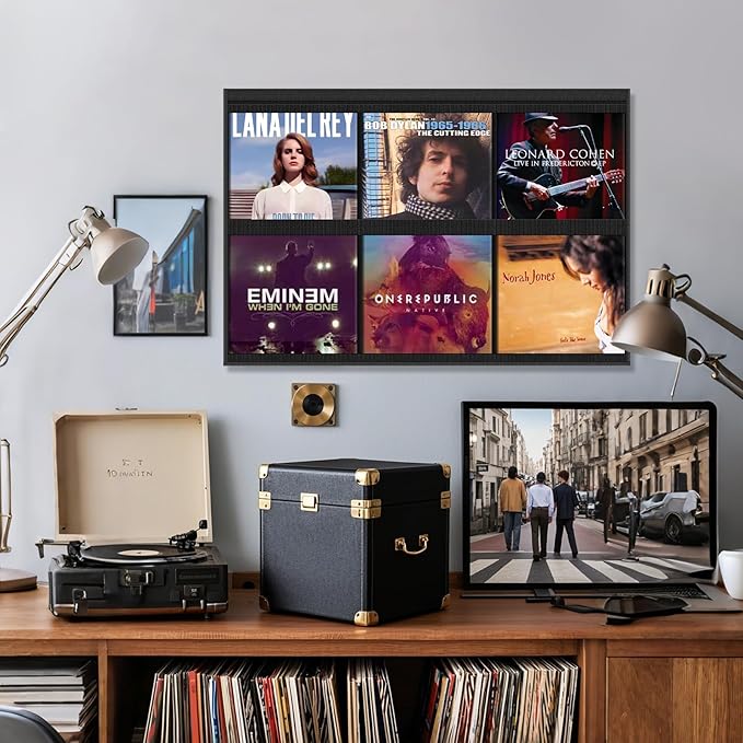 ALSLEA Vinyl Record Wall Shelf - 6 Pocket Oxford Fabric Grid Organizer for 12" LP Covers, No Tools Mounting, Modern Record Display
