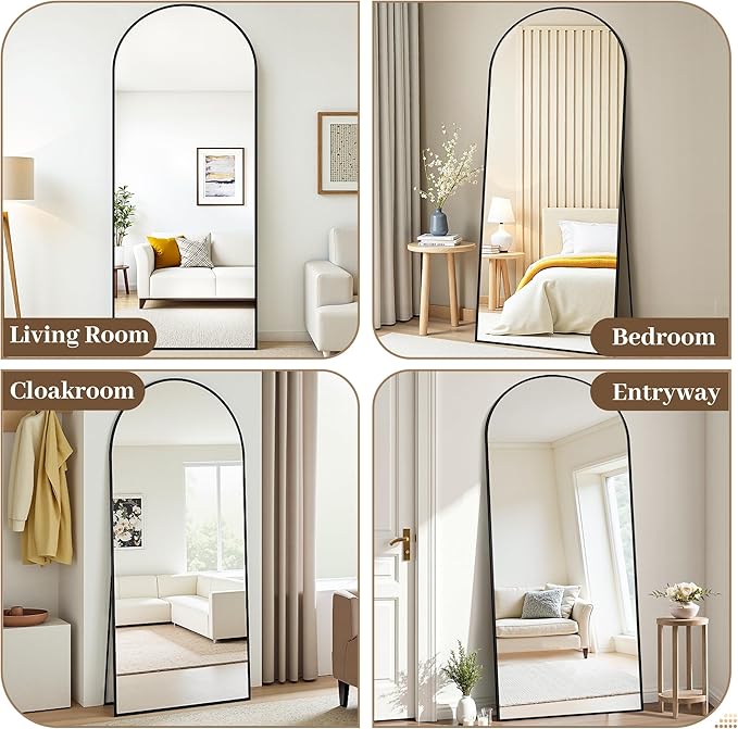 Suidia 68"x26" Arched Full Length Mirror with Stand, Full Body Mirror with Aluminum Frame, Freestanding/Leaning/Wall-Mounted, Floor Mirrors for Bedroom, Living Room, Entryway, Dressing Room, Black