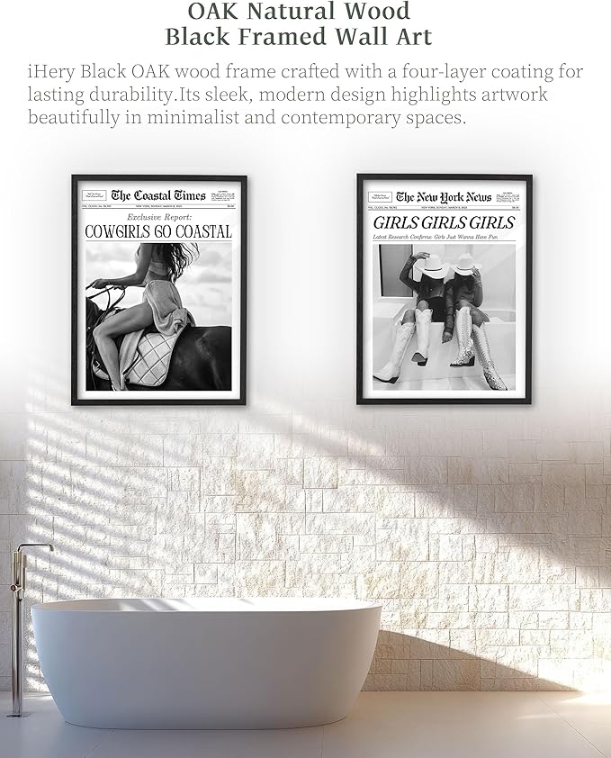iHery Small Premium Natural Black OAK Wood 8x10in Cowgirls Go Coastal Trendy Framed Wall Art, Vintage Western Horseback Riding Times Canvas Wall Decor For Dorm Bedroom Living Room 1Pack