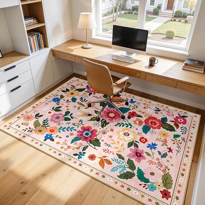 RELEANY Floral Nursery 7x9 Area Rugs Washable Print Boho Cute Carpet Non Slip Flower Low Pile for Living Room Kids Girls Playroom Bedroom Kitchen Office Farmhouse-Pink