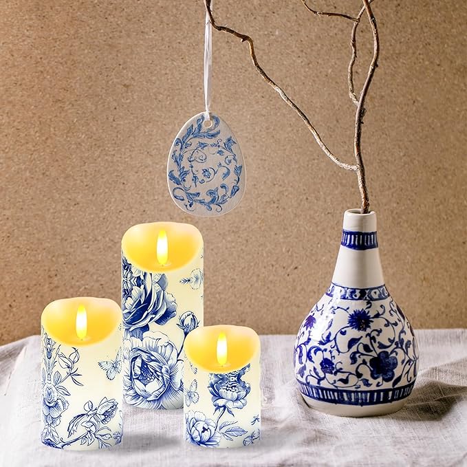 3 Pcs Blue and White Flameless Candles Wedding Table Centerpiece Chinoiserie Candles Blue White Floral Printed Faux Candles with Remote Timer for Wedding Home Holiday Table Decor