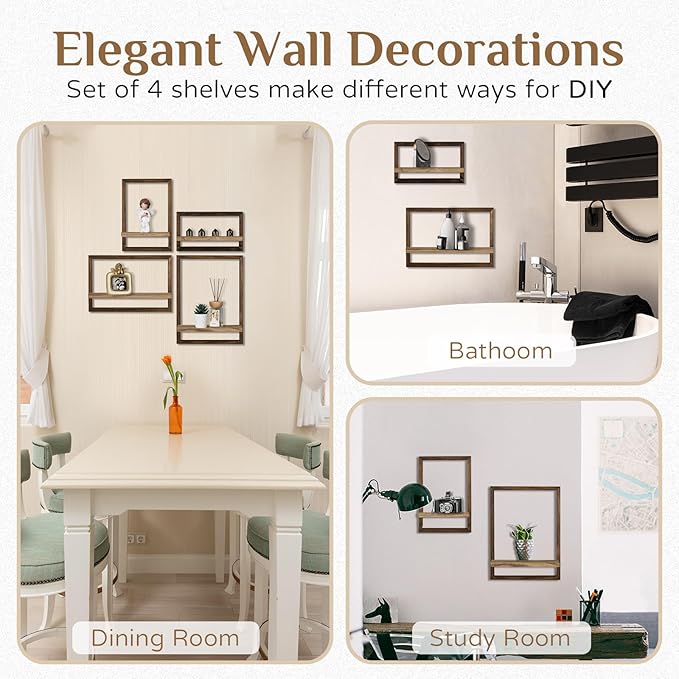 4-Piece Wood Wall Shelves for Bedroom Farmhouse - Rustic Floating Shelf Decorative Storage Shelving Wall Mounted Decor with Frame for Living Room