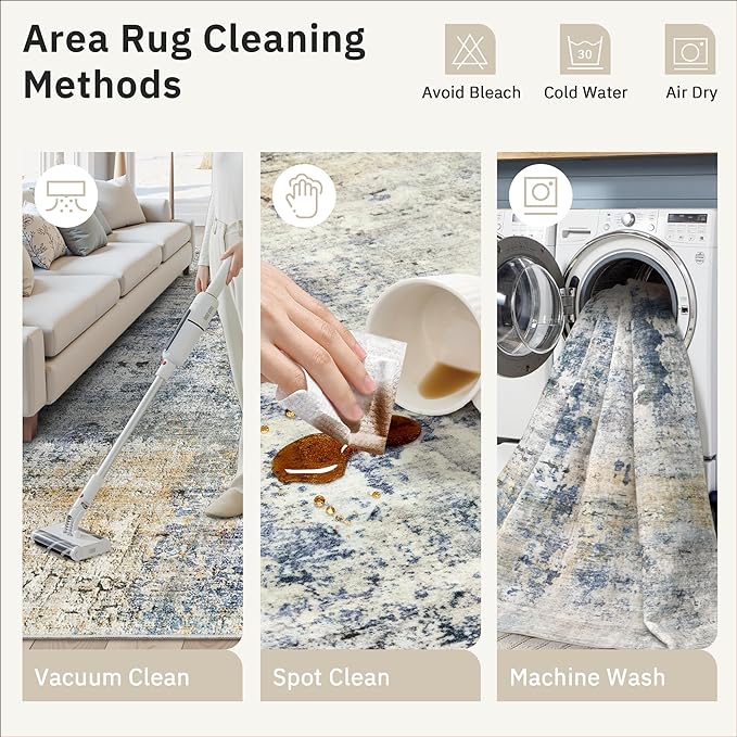 Soalmost Abstract Rug 8x10 Large Living Room Rugs Neutral Modern Washable Area Rugs for Bedroom Dining Room Non-Slip Stain Resistant Foldable Thin Rug Blue Yellow