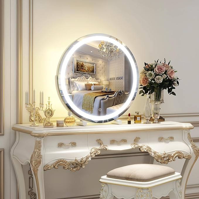 ROLOVE Makeup Mirror with Lights, 18 Inch Vanity Mirror with Lights, Lighted Makeup Mirror, Smart Touch Control Round Lighted Vanity Mirror, Tabletop & Desk Mirror, Gifts for Women, Wife, Mom, Girls