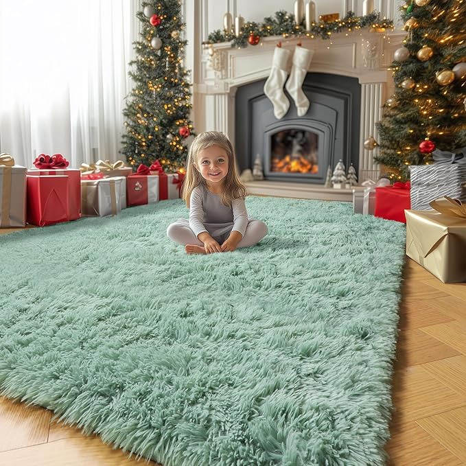 Sage Green Rugs for Bedroom Living Room Aesthetic, Fluffy Furry Area Rug 5x8 for Nursery, Classroom, Teen Boys, Baby Kids Room Decor, Cute Shaggy Carpet for Playroom Dorm, Fuzzy Plush Light Mint Rug