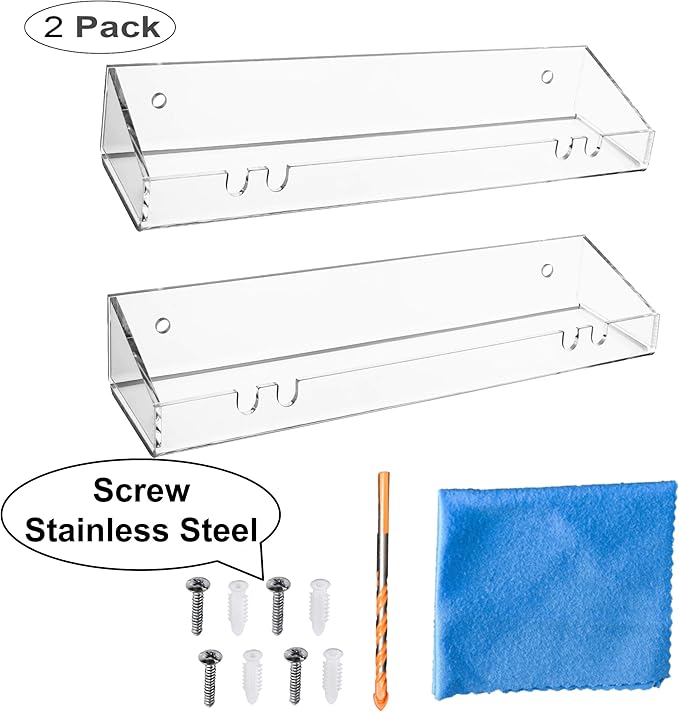 AMT 2 Pack Acrylic Floating Shelves, 15"L x 4.8"W, Clear Bathroom Wall Shelves, Bookshelves, Invisible Shelf For Office, Bedroom, Kitchen, Design with Hanging Slots for Sponge, Free Screws & Drill Bit