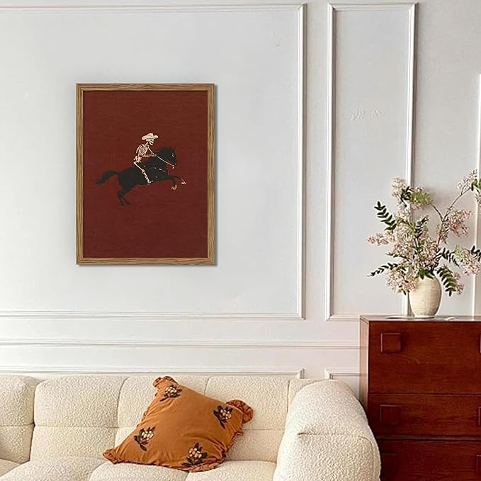 Framed Western Cowboy Wall Art, Gothic Skull Horse Riding Canvas Wall Decor Painting, Vintage Southwestern Cowboy Posters Prints Pictures for Living Room Bedroom 12x16 Inch