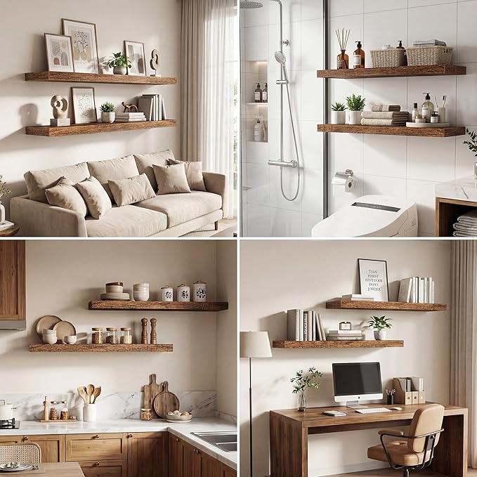 Dreamland 32 Inches Floating Shelves for Wall, 9.3" Deep Long Floating Shelves Set of 2, Large Display & Storage Shelf, Wall Shelf for Bathroom Bedroom Living Room Kitchen Office, Rustic Brown