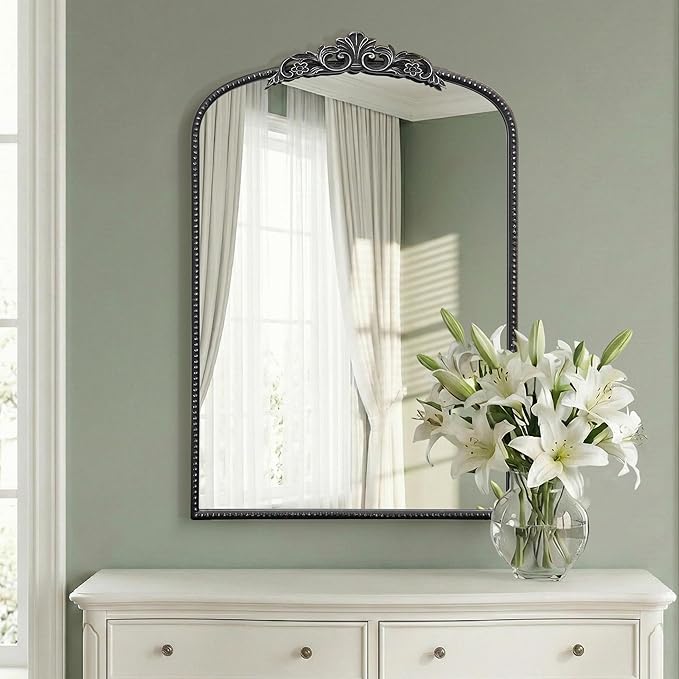 Micasso Vintage Wall Black Mirror: 24" x 36" French Baroque Antique Mirror - Traditional Ornate Decorative Arched Mirrors for Wall/Bathroom/Entryway/Fireplace/Hallway - Home Decor for Living Room