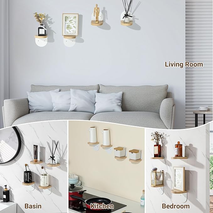SAYAYO Small Floating Shelves for Wall Storage, 4 x 4 Inch Wall Shelves for Bedroom Decor, Mini Display Wood Shelf Organizer with White Base for Living Room, Office, Balcony, Rustic Brown,4 Pcs