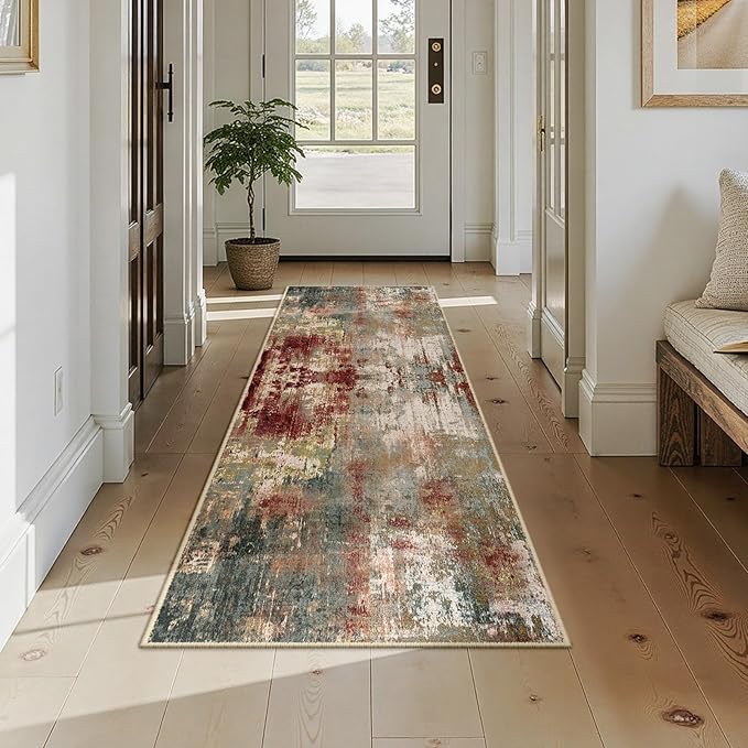 RELEANY Washable Area Rugs 2x7 Non-Slip Modern Abstract Soft for Living Room Entryway Bedroom Nursery, Print Pattern, Brown Rust Red Green Blue Multi