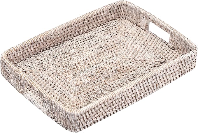 Hipiwe Rattan Serving Tray with Handles Handwoven Basket Tray for Storage Breakfast Dessert Fruit Decorative Tray for Coffee Table, Whitewash