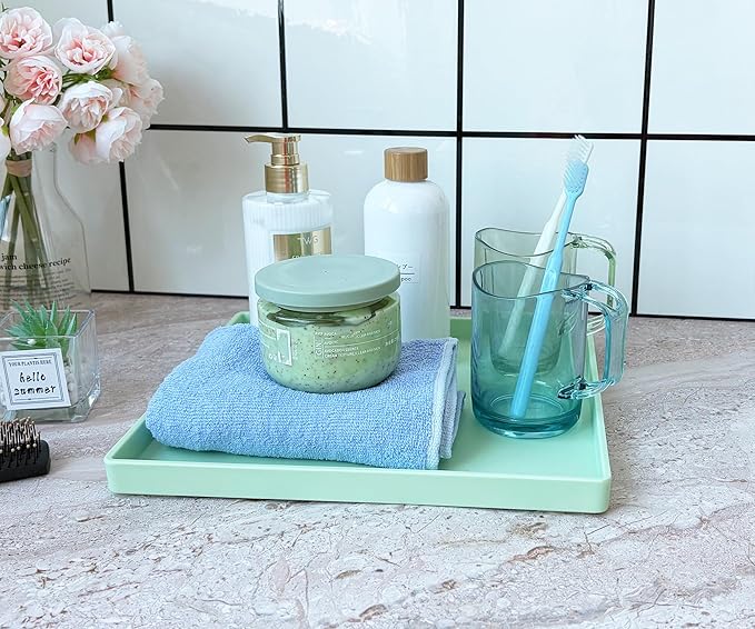 Green Square Plastic Tray - 11 Inch Multi-Purpose Organizer Tray for Vanity, Coffee Table, Bathroom Countertop & Ottoman | Decorative Catch-All Tray for Home, Office, Jewelry & Makeup