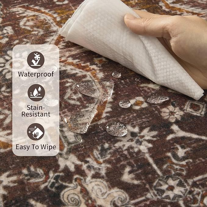 Rugxara Oriental 5x7 Area Rugs for Living Room Bedroom, Vintage Washable Christmas Rug, Red Boho Area Rug, Non Slip & Low Pile Faux Wool Carpet for Indoor Dining Room and Kids Room(Red 5x7ft)