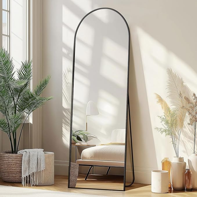 DMWOODFL 58"x18" Arched Full Length Mirror - Wall/Floor Mounted with Stand, Shatter-Proof Glass & Aluminum Frame, Large Body Mirror for Bedroom, Living Room, Entryway or Cloakroom, Black