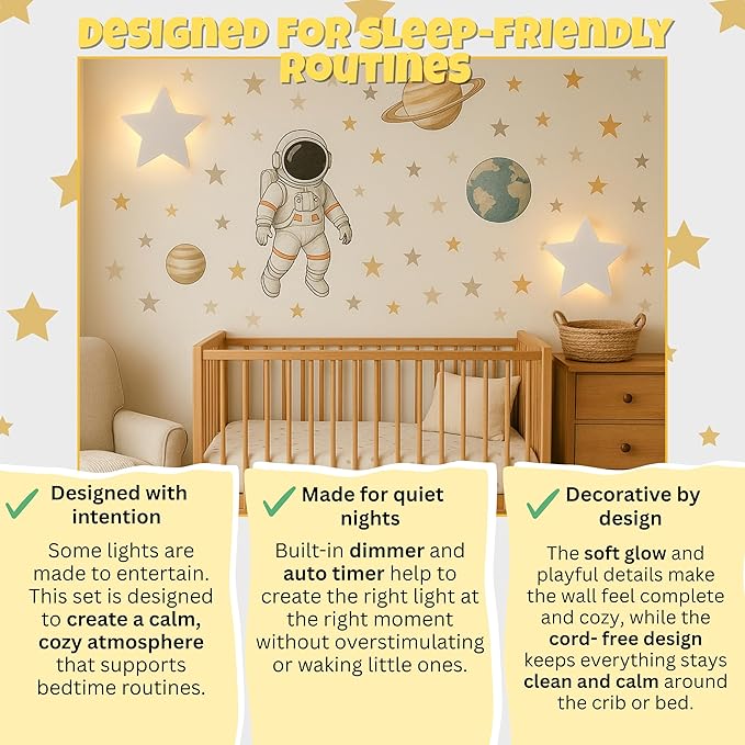 KALEOLI Star Wall Lights 2 Pack – Dimmable & Rechargeable for Kids & Baby Room Decor – Made for Bedtime Routines (Moon & Star Decals Included)