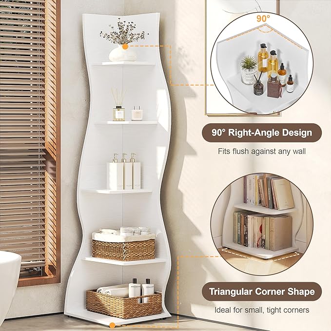 VECELO Wavy Corner Shelf, Decorative 5-Tier Storage Bookshelf, 70.1” Tall Freestanding Display Bookcase for Small Spaces, Living Room or Bedroom, White