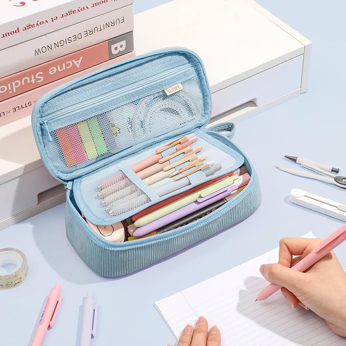 SUNEE Cute Pencil Case, Large Capacity Pencil Pouch Aesthetic Zipper Pencil Bag, Big Storage Pen Organizer for Stationery, Soft Corduroy Pencil Box Back to School Supplies for Teen Girls Boys, Blue