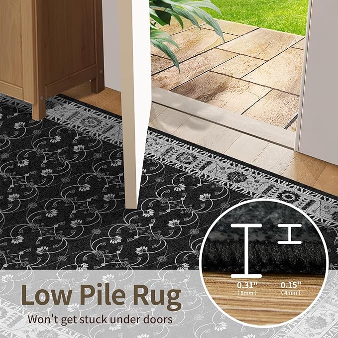 Rugxara Black Rug Area Rugs 5x7, Washable Rugs for Living Room, Vintage Boho Rug for Office, Dining Room, Kids Room and Farmhouse, Durable Low Pile Non-Slip Area Rug for High Traffic Areas(Black 5x7